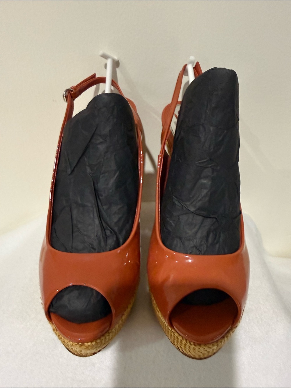 Gucci Orange Patent Peep-Toe Wedge Slingbacks